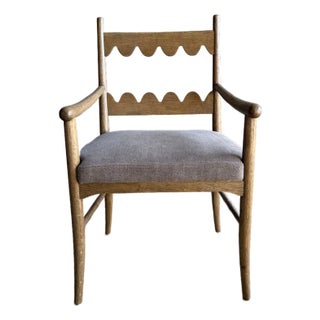 Oak Open Arm Accent Chair or Dining Chair With Belgian Linen Upholstery For Sale
