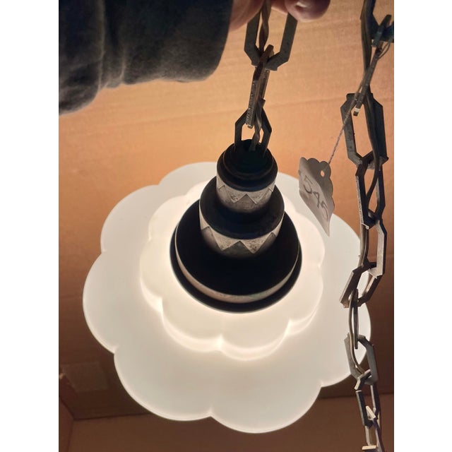 Early 20th Century Art Deco White Milk Glass Skyscraper Star Hanging Pendant Light Fixture For Sale - Image 10 of 11