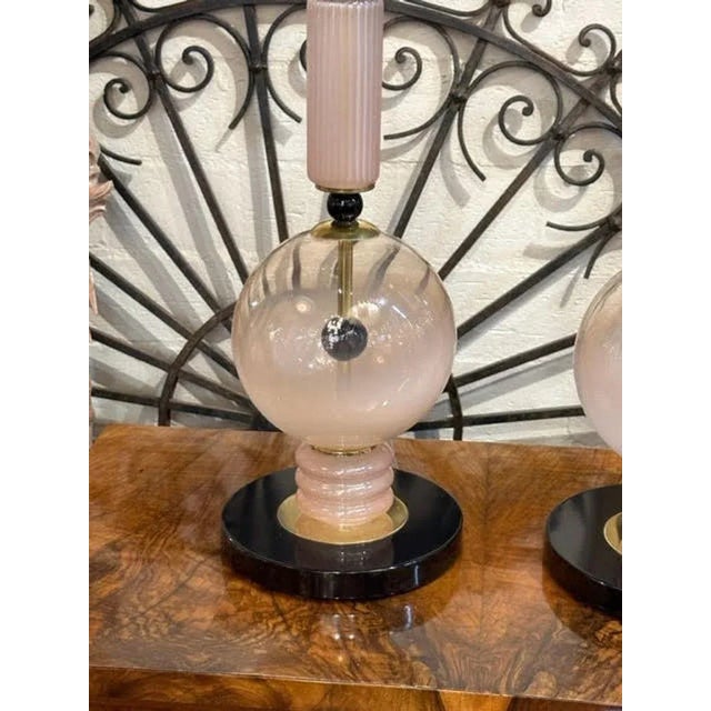Pair of Modern Pink and Black Murano Glass Lamps For Sale - Image 4 of 7