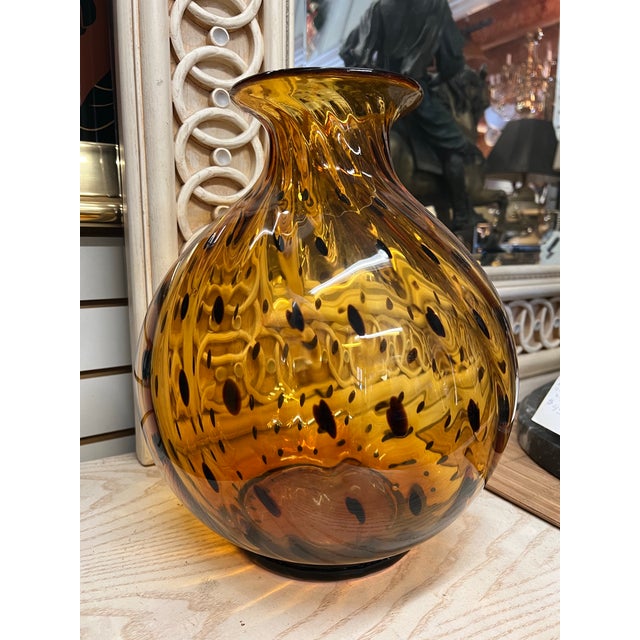 Vintage Hand Blown Amber Swirl Tortoise Spotted Glass Vase For Sale - Image 4 of 8