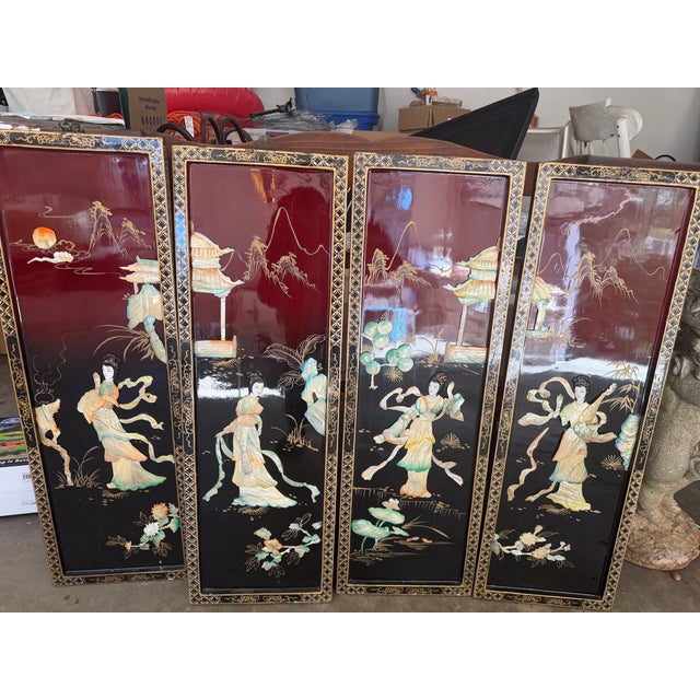 Mid-Century Modern Vintage Chinoiserie Red & Black Lacquer Wall Panels With Iridescent Mother-of-Pearl Inlay - Set of 4 For Sale - Image 3 of 6