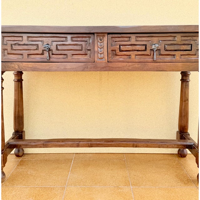Spanish Walnut Console Table With Geometric Carved Drawers For Sale - Image 10 of 13