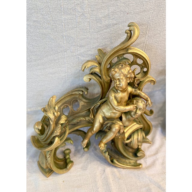 18th Century Pair of French Early 19thC Louis XV Style Gilt Andirons Chenets For Sale - Image 5 of 9
