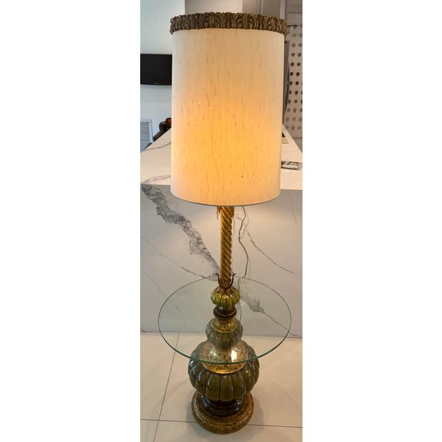1960s Vintage Stiffel Green Enamel Brass Floor Lamp With Glass Table For Sale - Image 5 of 6