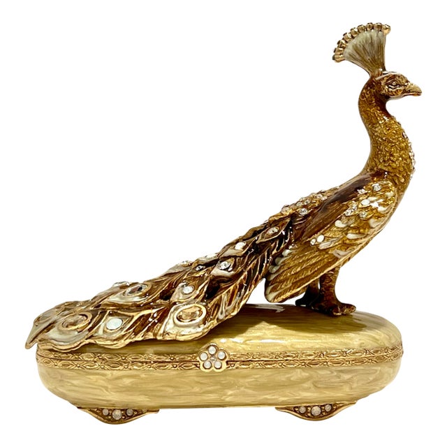 Jay Strongwater Darien Peacock Figurine / Trinket Box - 14k Gold Finish With Swarovski Crystals For Sale