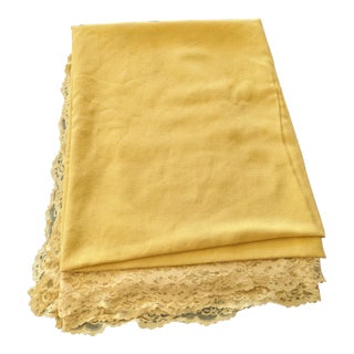 Large Vintage Mustard Yellow Lace Trimmed Table Cloth 66" by 82" For Sale