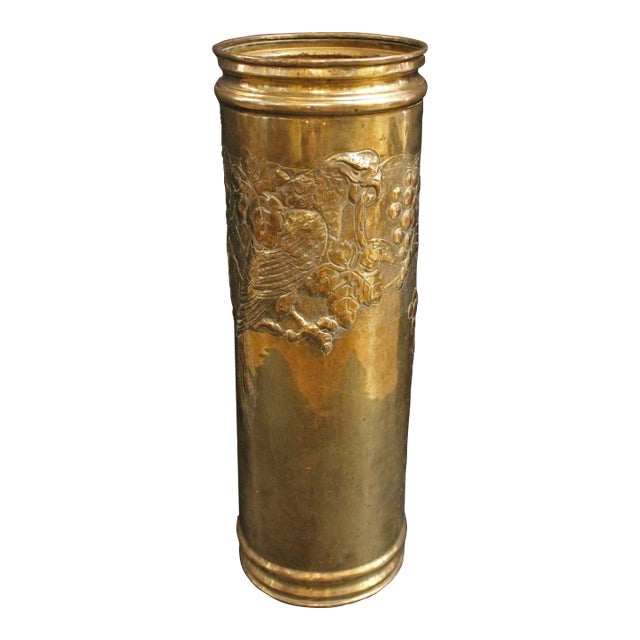 Circa 1890s Large Repousse Brass Parrot Motif Umbrella Stand For Sale