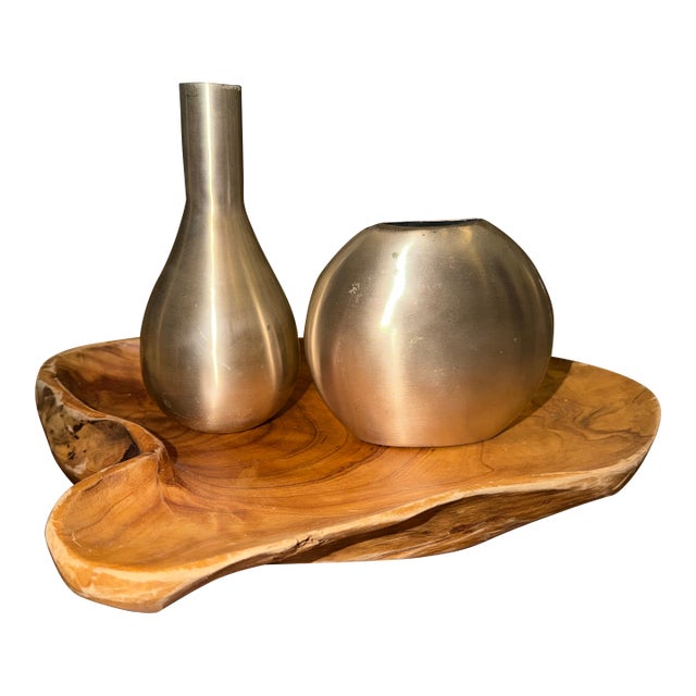 Set of 2 Crate & Barrel Cooper Brushed Metal Vases – Modern Sculptural Decor For Sale