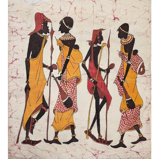 26” x 31” Vintage Asian Batik hand painted fabric art. The beautiful batik is a depiction of a pair of Masai couples in...