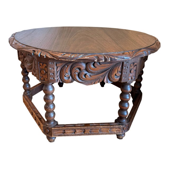 Vintage Round Wooden Hand-Carved Coffee / Accent Table For Sale