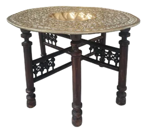 Moroccan Brass Tray Table with Folding Wooden Base Hand-Engraved Moorish Design, 1960s