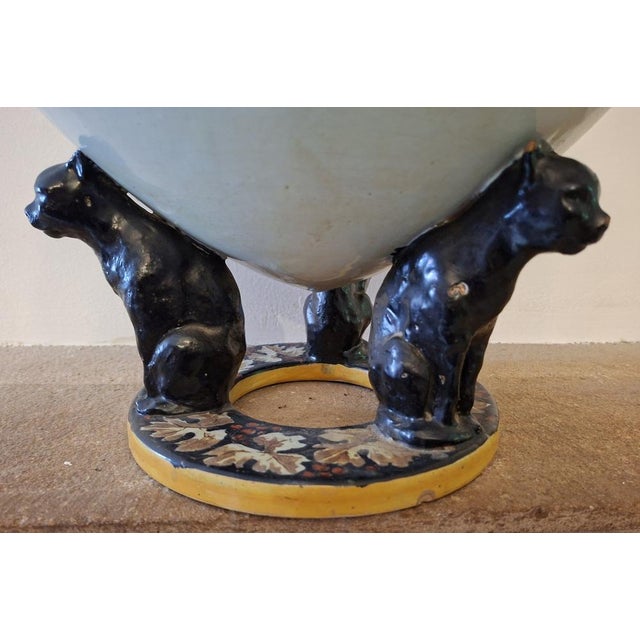 Large 20th Century Polychrome Earthenware Cachepot with Floral Decoration Resting on Three Panthers, 1920s For Sale - Image 3 of 7