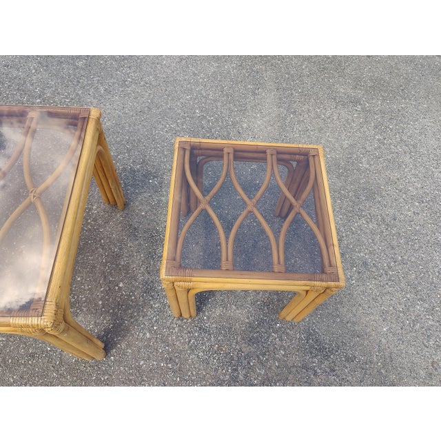 Mid 20th Century Vintage Boho Bamboo Rattan Table Set- Set of Three For Sale - Image 5 of 12