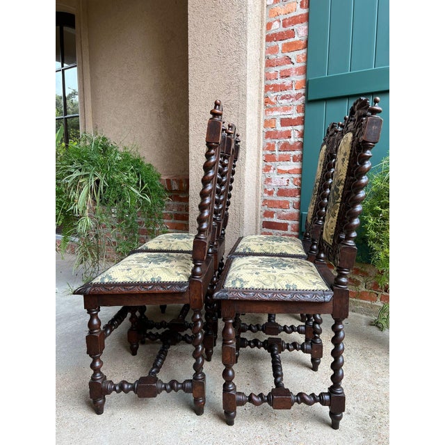 Set 4 Antique French Dining Chairs Barley Twist Renaissance Carved Oak Green 1900 For Sale - Image 10 of 18