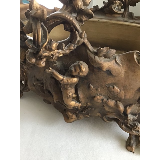 Late 19th Century Antique Art Nouveau Metal Jardinière Planter Centerpiece, Cupid & Berry Vining Motif, Signed De Meyer, Removable Liner Included For Sale - Image 5 of 12