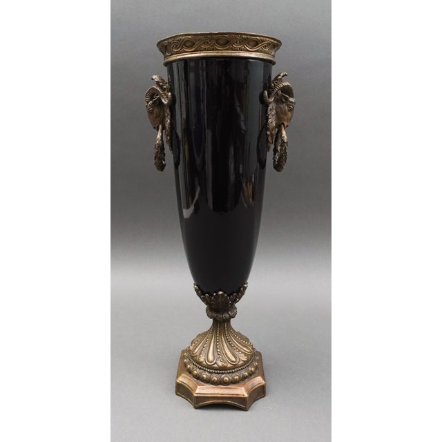 Early 20th Century Antique Neoclassical French Gilt Bronze Black Ebony Porcelain Ram Head Vase Urn For Sale - Image 5 of 10