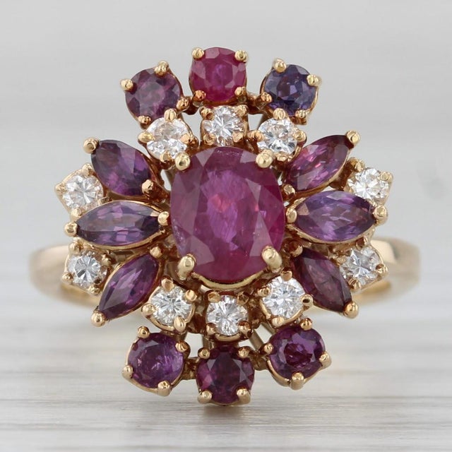 Metal 2.16ctw Ruby Diamond Cluster Cocktail Ring 14k Yellow Gold Size 5.75 For Sale - Image 7 of 8