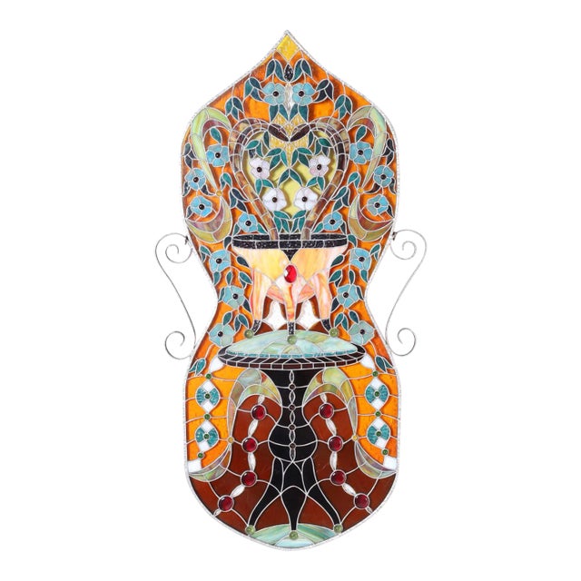 Jeweled Stained Glass Panel With a Floral Motif For Sale