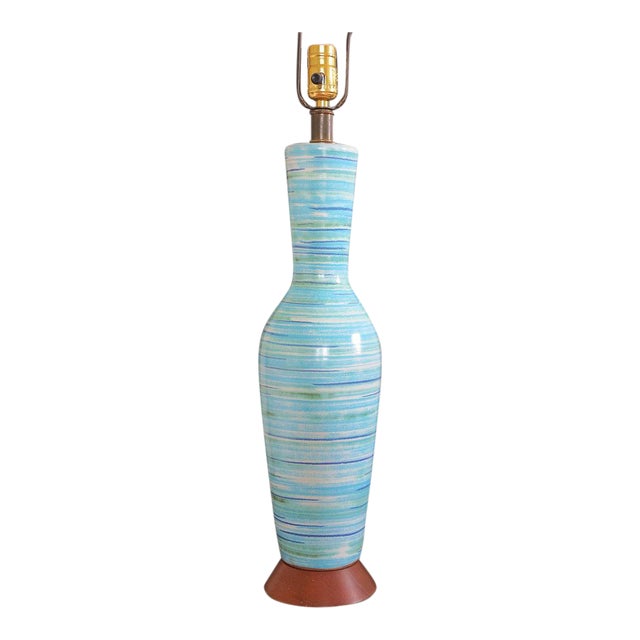 Design-Technics Mid-Century Striated Blue & Green Pottery Lamp For Sale