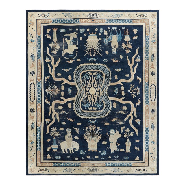 Oversized Antique Chinese Peking Rug in Navy Blue With Pictorials - Rug & Kilim For Sale