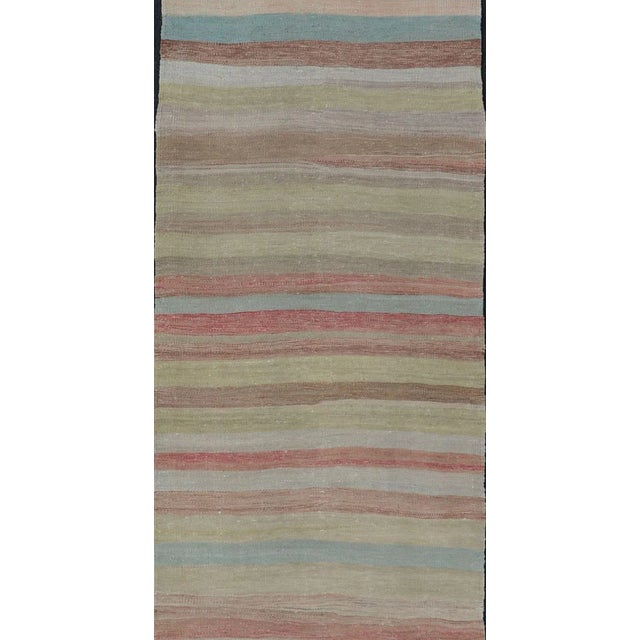 Mid 20th Century Mid 20th Century Very Long Vintage Turkish Kilim Runner With Stripe Design in Soft Colors For Sale - Image 5 of 11