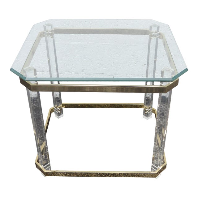 Late 20th Century Hollywood Regency Lucite and Brass Finish with Glass Top Side Table For Sale