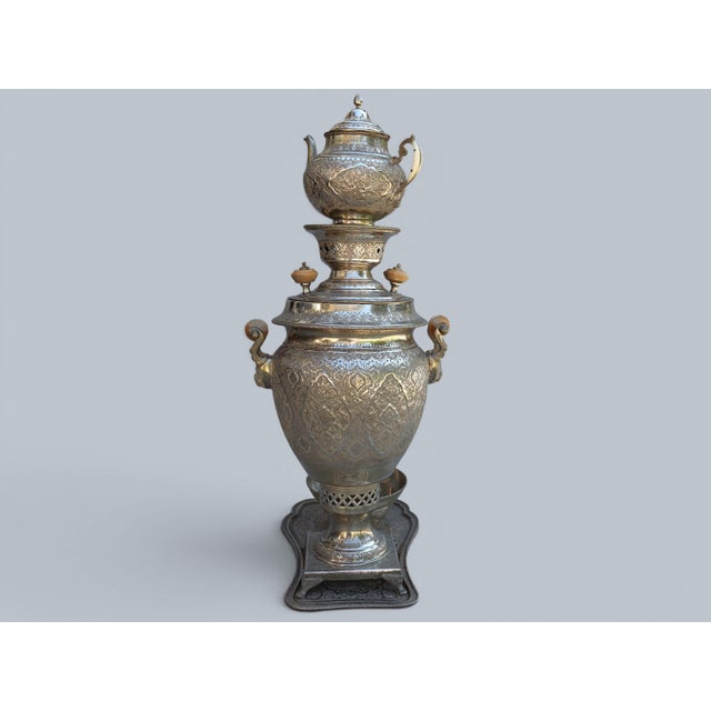 Vintage Islamic Brass Samovar Set with Silver Patina, 1920s For Sale - Image 6 of 18