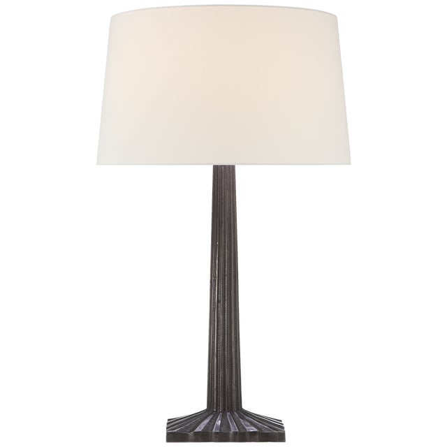 Transitional Chapman & Myers by Visual Comfort Signature Strie Fluted Column Table Lamp in Aged Iron with Linen Shade For Sale - Image 3 of 3