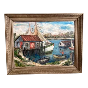 Vintage 1960s Harbor Scene Painting With Boats and Lobster Fisherman, Signed, Framed