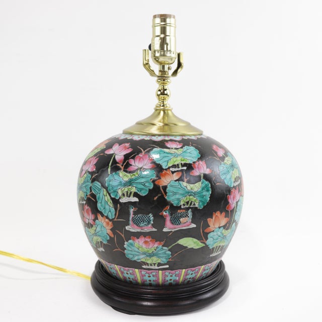 Ceramic Black Famille Rose Porcelain Table Lamp With Lotus and Crane Motif For Sale - Image 7 of 12