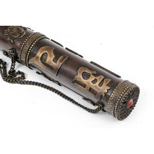 Traditional Vintage Tibetan Brass Sacred Scroll Case With Auspicious Buddhist Emblems For Sale - Image 3 of 6