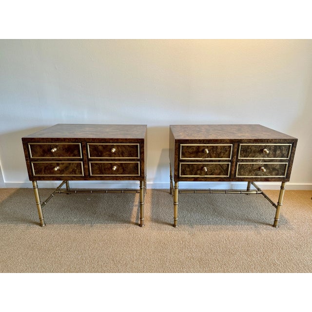 Vintage Burlwood and Brass Night Tables by Mastercraft - A Pair For Sale - Image 11 of 11