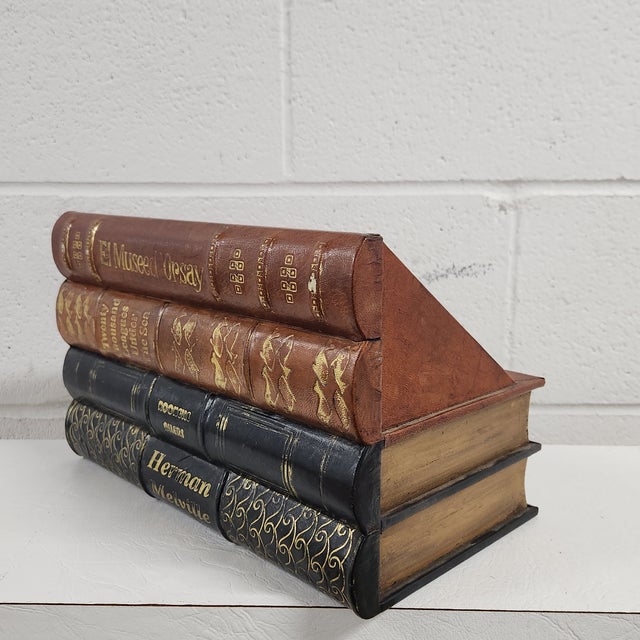 Wood Vintage Faux-Book Desk Set Ensemble – Tiered Letter Organizer & Letter Paper Tray in Old-World Library Style -Set of 2 For Sale - Image 7 of 12