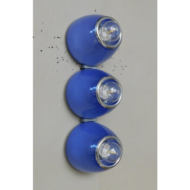 Vintage Italian Tilos wall light or flush mount with blue glass shadeS mounted on white metal base / Made in Italy,...