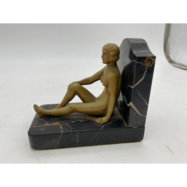Metal French Nude Flapper Girl Spelter Metal & Marble Bookend Pair, 1920 For Sale - Image 7 of 11