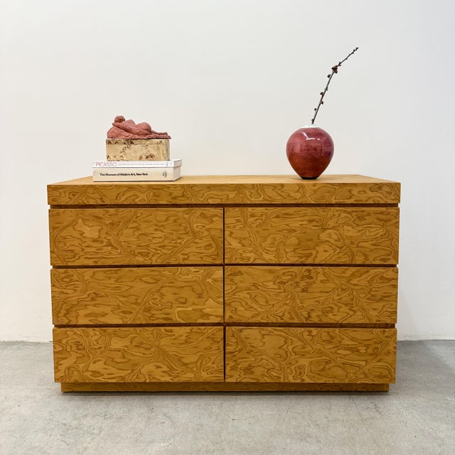 Vintage 1970s Mid-Century Modern dresser, re-veneered in ALPI Agreste Ouro engineered wood veneer from Italy. Rich tones...