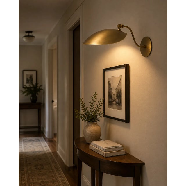 Contemporary Adjustable Arm Wall Light, Bedroom Reading Light, Handcrafted Solid Brass Wall Sconce With Curved Arm and Wide Dome Shade For Sale - Image 3 of 9