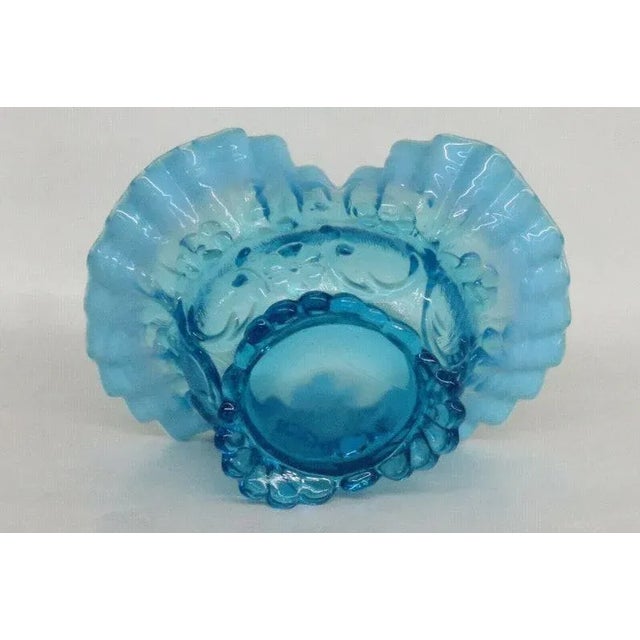 Late 20th Century Blue Opalescent Glass Flowers Ruffled Crimped Rim Bowl Vase For Sale - Image 5 of 11