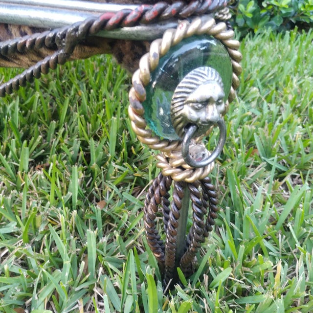 Metal Vintage Maitland Smith Heavy Braided Iron Tassel Lion Head Corner Cheetah Foot Stool Ottoman For Sale - Image 7 of 9