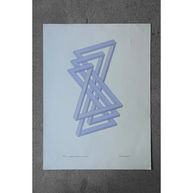 Blue Oscar Reutersvärd, Impossible Figures, Perspective Japonaise No 331, Color Lithograph on Fabriano Paper, 1970s For Sale - Image 8 of 8