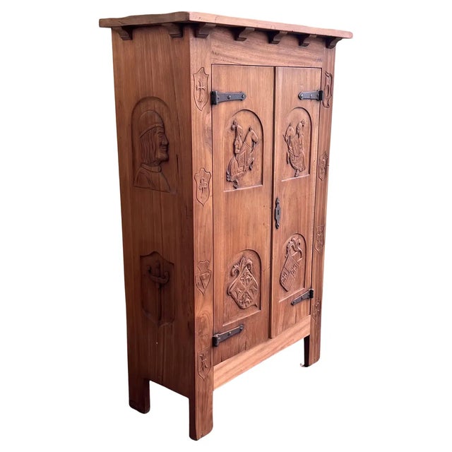 Spanish Gothic Style Walnut Entry Wardrobe With Five Hangers and Carvings For Sale - Image 12 of 12