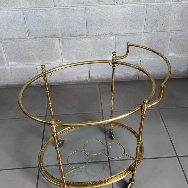 Gold Vintage Brass Glass Food Cart in the style of Maison Jansen, 1960s For Sale - Image 8 of 15