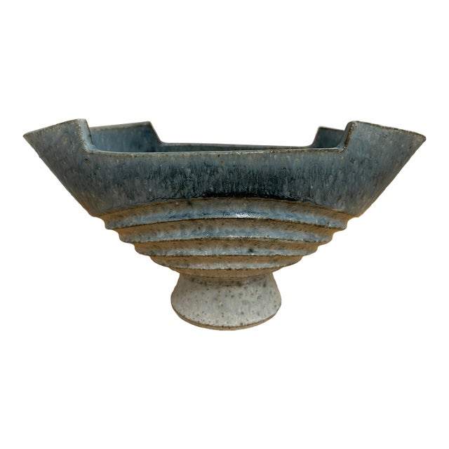 Modernist Blue Japanese Footed Ikebana Vase Signed 1959 For Sale