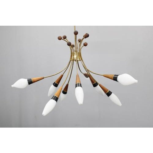 Brass, Teak and Opaline Glass Chandelier by Rupert Nikoll, Austria, 1960s For Sale - Image 6 of 18