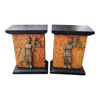 Black and Faux Burl Wood Lady Scales of Justice Bookends- a Pair For Sale