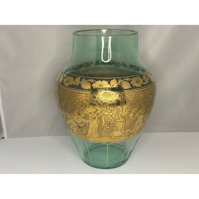 Early 20th Century Moser Uranium Glass Vase: Gilt Frieze, Renaissance Revival, 13" Tall For Sale - Image 4 of 10