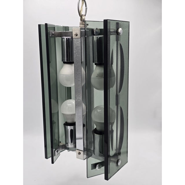 Pendant Light in Thick Green-Grey Glass and Chromed Metal in the style of Fontana Arte, 1970 For Sale - Image 14 of 14