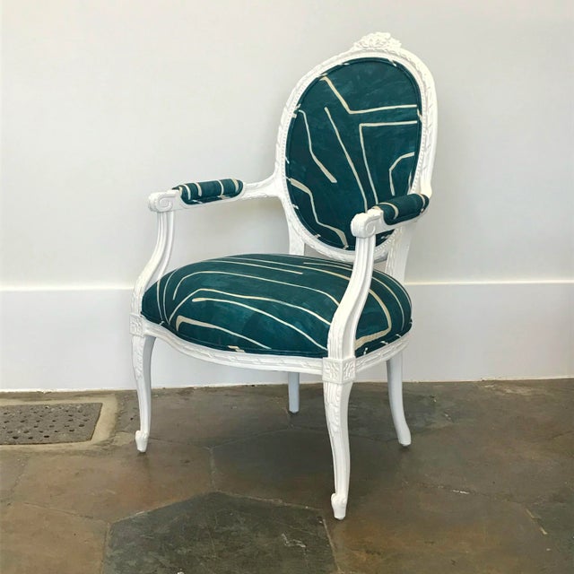 Teal Italian Vintage White Wood Arm Chair in Teal Graffito For Sale - Image 8 of 8