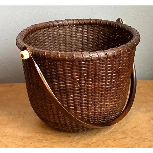 Vintage Woven Rattan Nantucket Basket With Handle For Sale - Image 11 of 12
