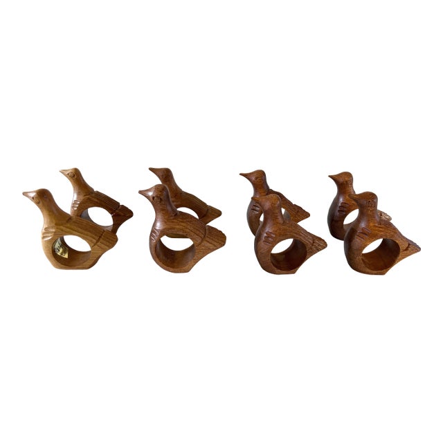 Wood Carved Bird Napkin Rings, Set of 8 For Sale